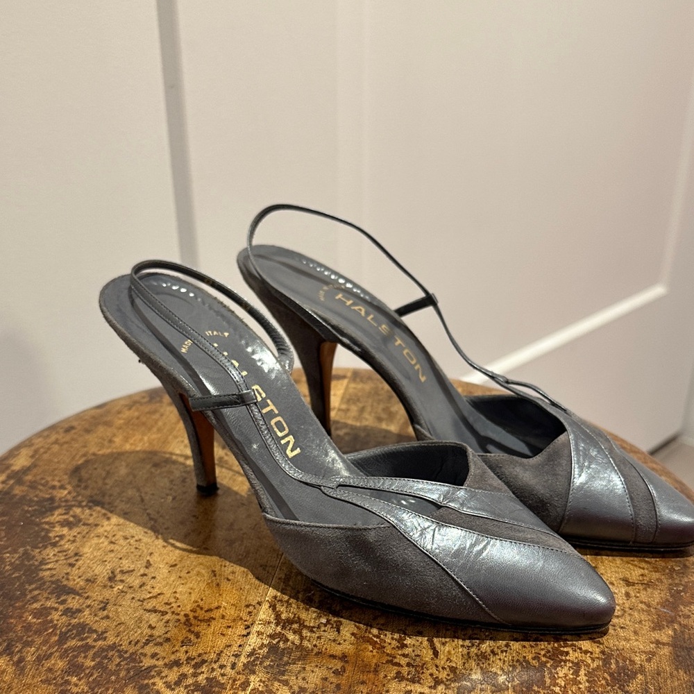 Halston Gray Pointed-Toe Slingback Heels - Picture 5 of 6